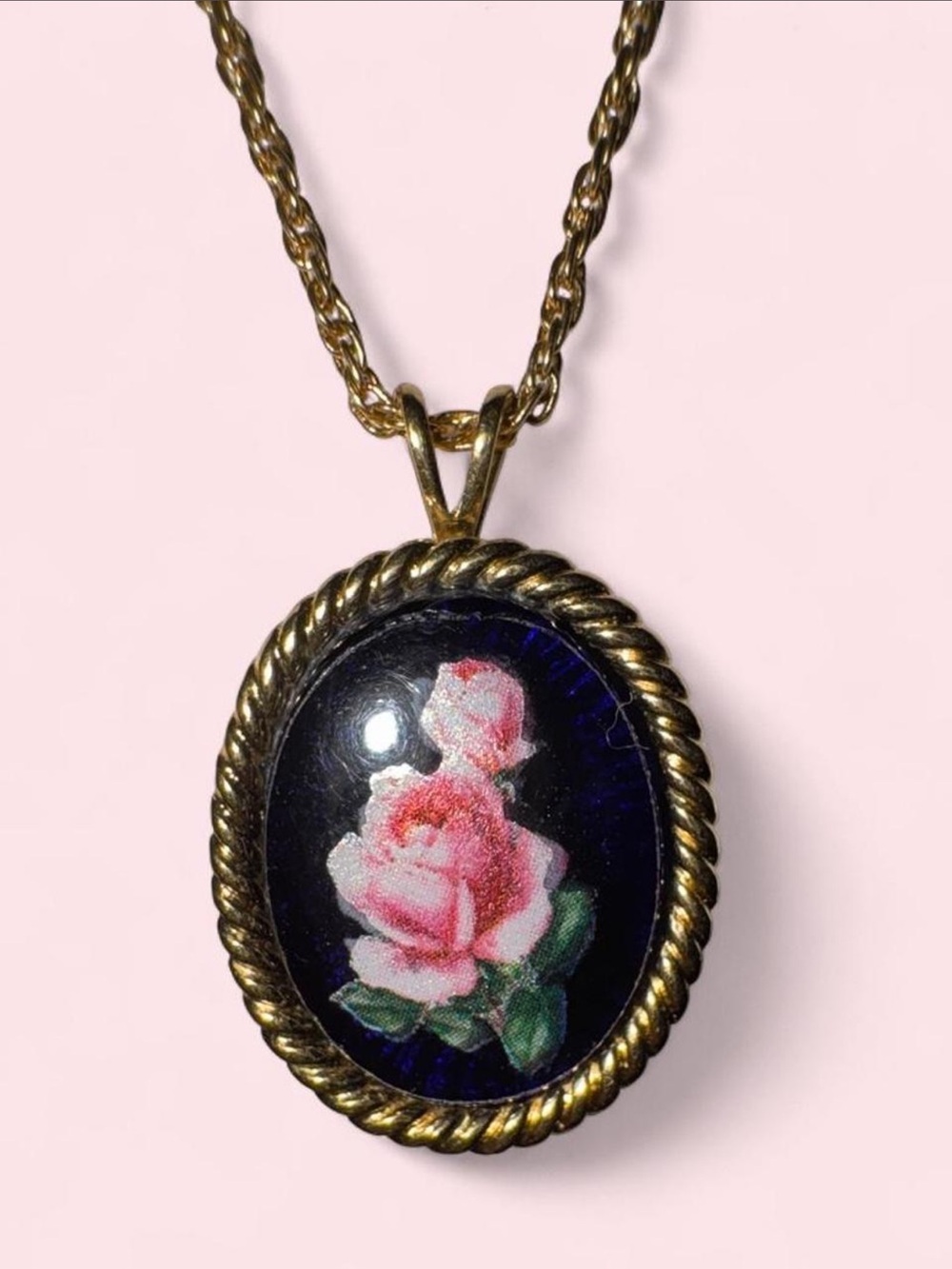 Vintage Crown Trifari Hand Painted Enamel Pink Rose Pendant Necklace